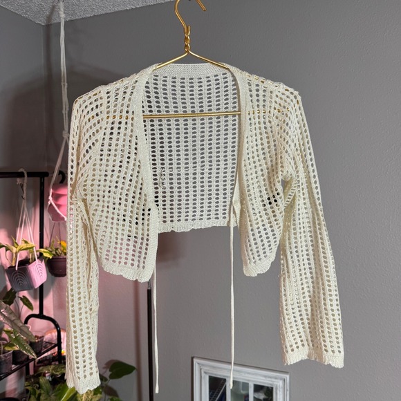 SHEIN Crochet Knit Bolero Shrug Tie Front Open Cardigan Cover Up Beige S - Picture 1 of 9